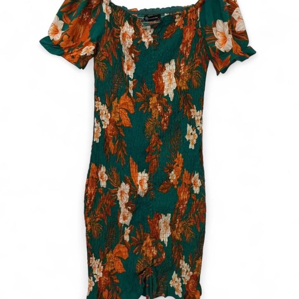PrettyGarden Smocked‎ Bodycon Dress Womens Large Teal Floral NEW